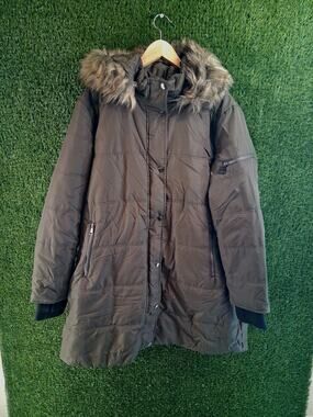 Falls Creek Women's 1X Puffer Coat Olive Green Winter Jacket Warm Hooded Plus